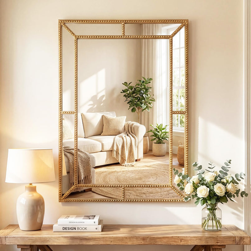 CHARMAID Gold Beaded Wall Mirror | Decorative Vanity Mirrors for Bathroom