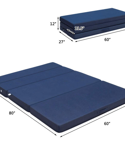 4" Thick Folding Portable Mattress Pad Sofa Bed with No Carrying Handles and Removable Washable Fabric Queen Blue