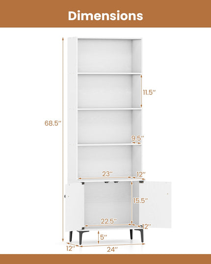 Giantex 68.5" Tall Bookcases with 2 Doors | Floor Standing 5 Tier Bookshelf Display Shelves