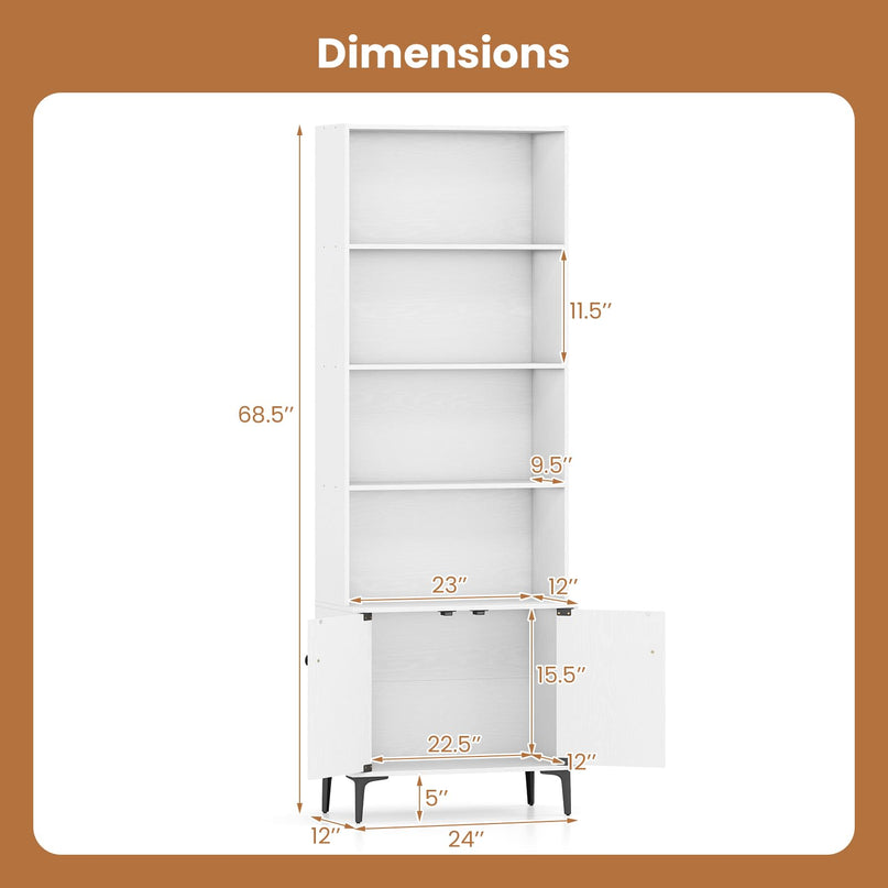 Giantex 68.5" Tall Bookcases with 2 Doors | Floor Standing 5 Tier Bookshelf Display Shelves