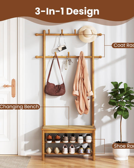 Giantex Portemanteau en rotin PE avec banc et rangement à chaussures pour entrée ou salon