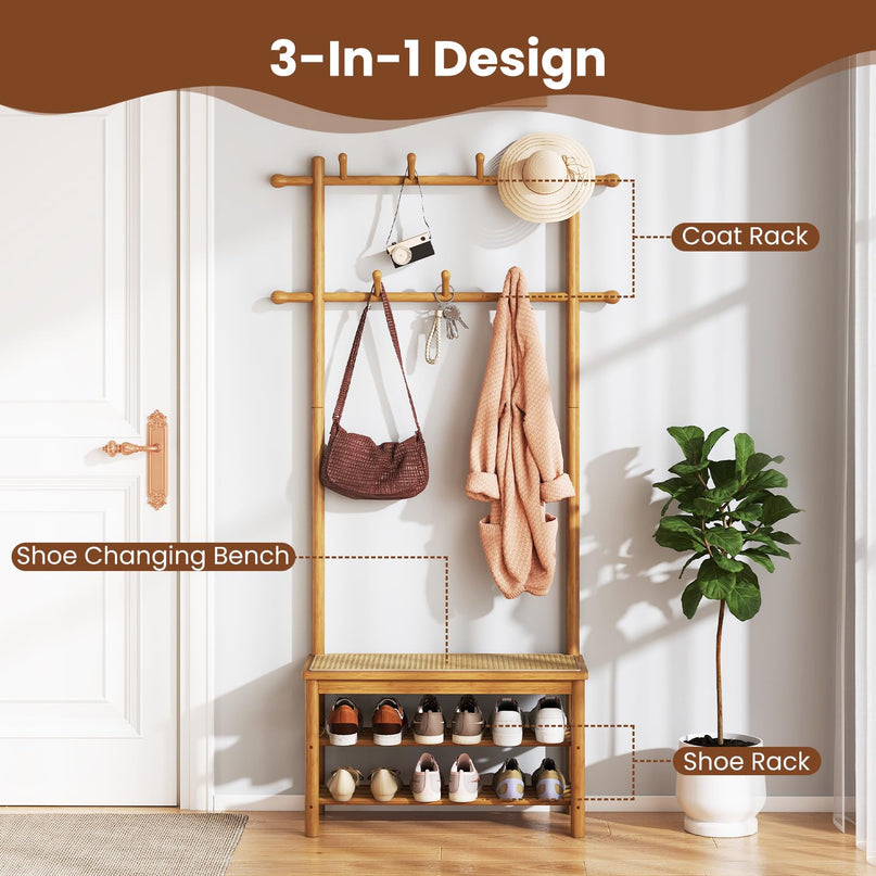Giantex PE Rattan Hall Tree with Bench & Shoe Storage for Entryway Living Room