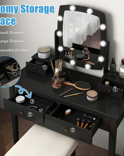 CHARMAID Vanity Desk with Mirror and Lights, Makeup Vanity Table with Swivel Mirror, Girls Bedroom Makeup Dressing Table with Stool