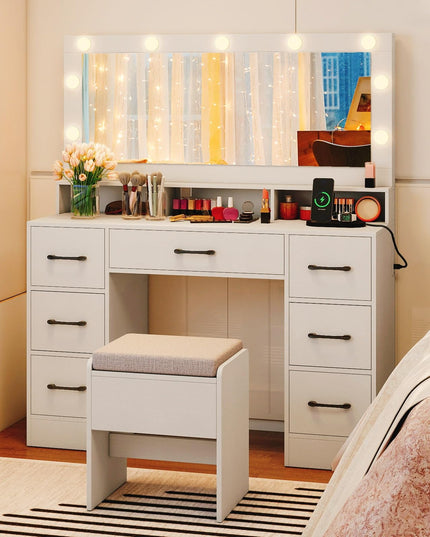 Vanity Desk with Mirror and Lights for Bedroom