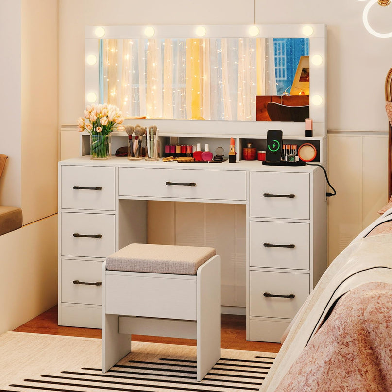 Vanity Desk with Mirror and Lights for Bedroom