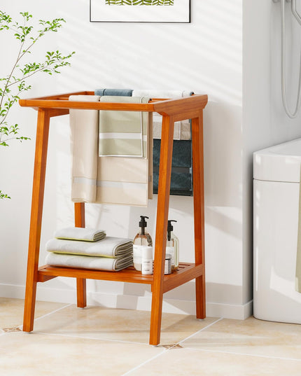 Giantex Teak Towel Rack for Bathroom, 5 Bars Freestanding Towel Racks with Storage Shelf, 19.5" L x 19.5" W x 31.5" H
