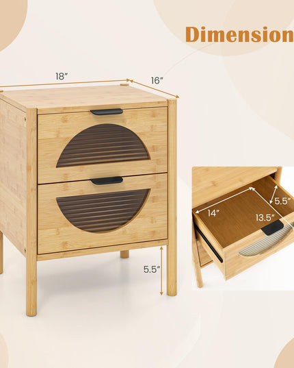 Giantex Bamboo Nightstand, Mid-Century Modern Bedside Table with 2 Storage Drawers & Tempered Glass