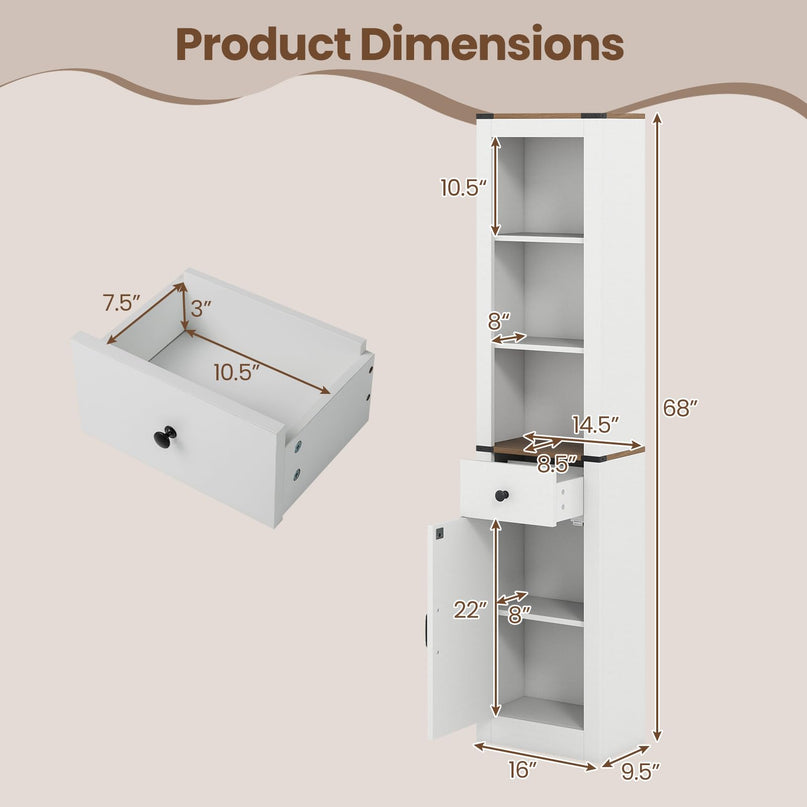Giantex 68" Tall Bathroom Cabinet Farmhouse Storage Organizer