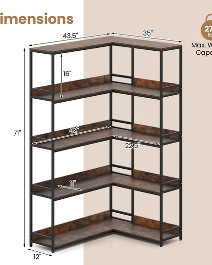 Giantex 5-Tier Corner Bookshelf 71" L-Shaped Bookcase