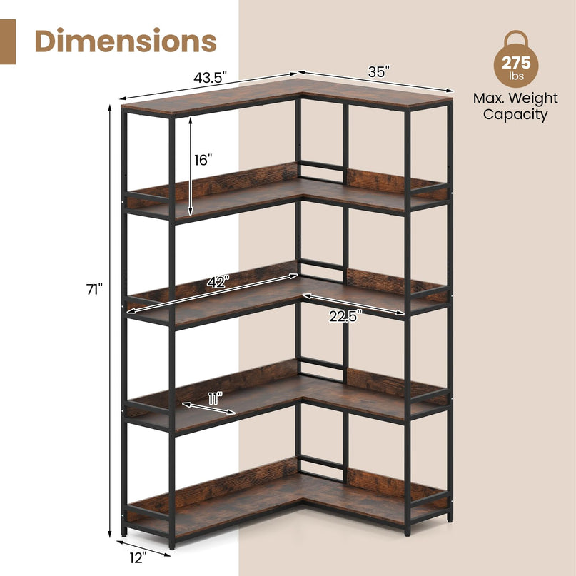Giantex 5-Tier Corner Bookshelf 71" L-Shaped Bookcase
