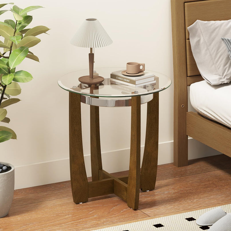 Giantex Round Glass End Table - 24’’ Side Table with Tempered Glass Top