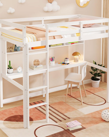 Giantex Solid Wood Twin Loft Bed with Desk and Bookcase