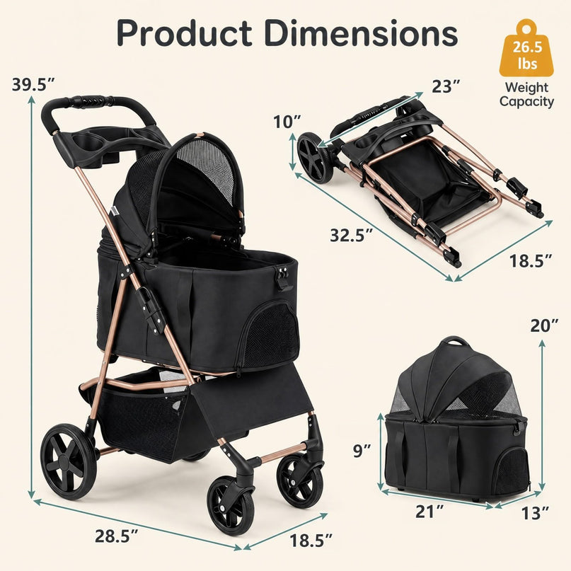 GIANTEX 3-in-1 Pet Stroller for Small Dogs & Cats with Detachable Carrier