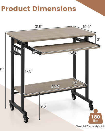 Giantex Rolling Computer Desk with Keyboard Tray & Wheels