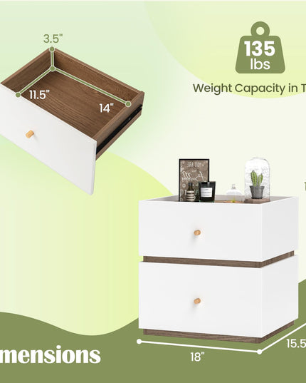 Giantex Modern Nightstand with 2 Storage Drawers, Wooden Night Stand with Raised Edge