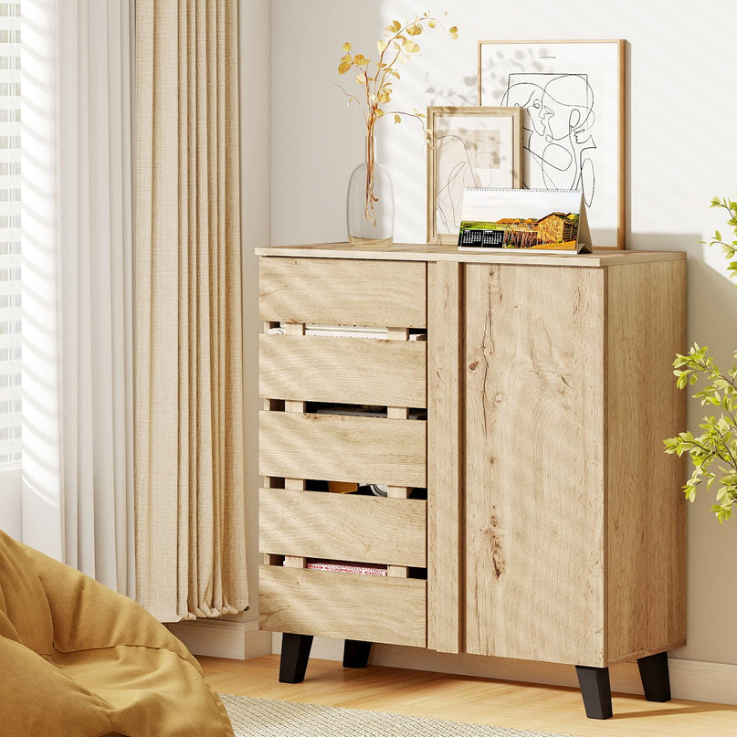 Giantex 4 Tier Farmhouse Shoe Rack Cabinet with 2 Slatted Doors & Removable Shelves