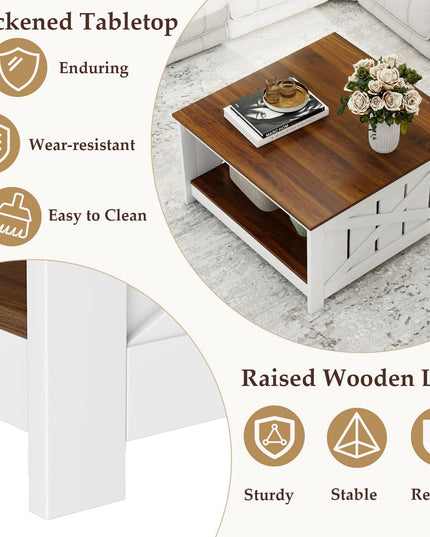 Giantex 31 Inch Farmhouse Square Wood Coffee Table with Storage Shelf  Open Compartment