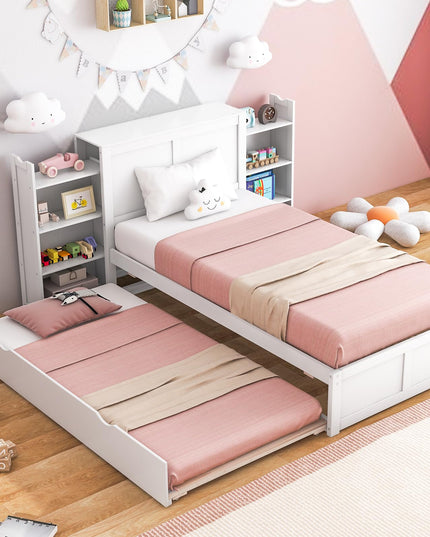 Giantex Full Bed Frame with Twin Trundle, Wooden Bed Wooden Bed Frame with 2 Rolling Bookcases & High Headboard