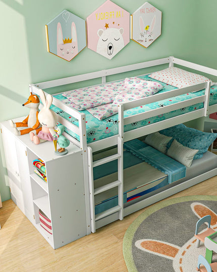 Giantex Twin Over Twin Bunk Bed with Storage Shelves, Solid Wood Bunk Bed Frame with Convertible Bookcase & Ladder, White