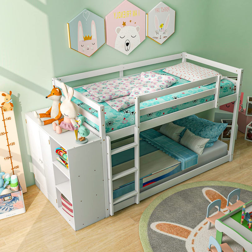 Giantex Twin Over Twin Bunk Bed with Storage Shelves, Solid Wood Bunk Bed Frame with Convertible Bookcase & Ladder, White