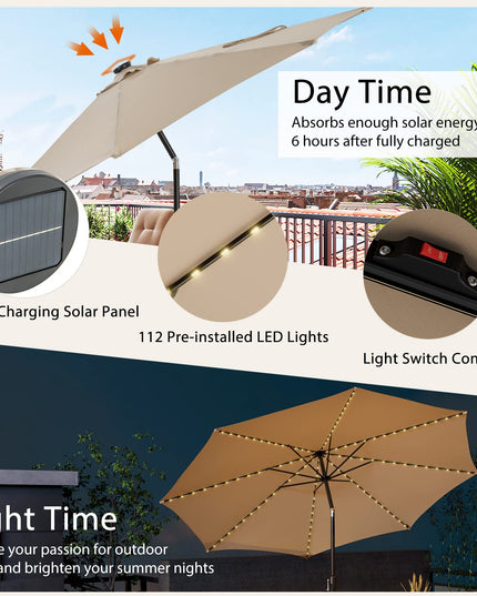 Giantex 10 ft Patio Umbrella with 112 Solar Lights, Outdoor Table Market Umbrellas with 8 Ribs