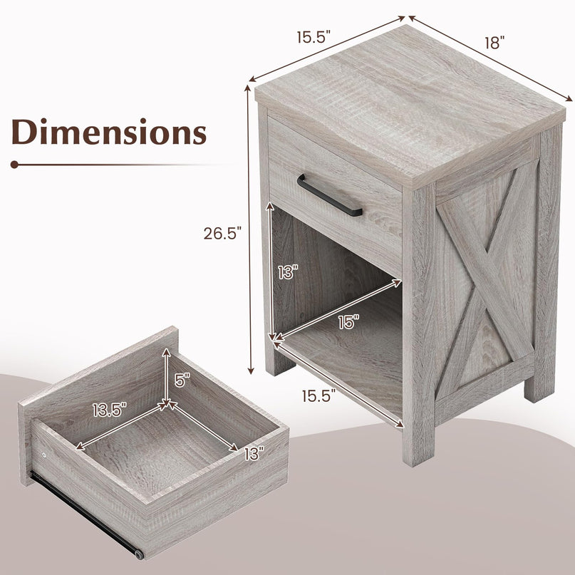 Giantex Farmhouse Wooden Bedside Table with Storage Drawer & Open Shelf