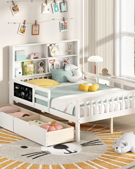 Giantex 2 Storage Drawers, Solid Wood Kids Bed Frame w/Bookcase Headboard & Blackboard