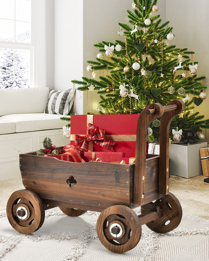 Giantex Wooden Wagon Planter Raised Bed on Wheels, Handle, Drainage Hole
