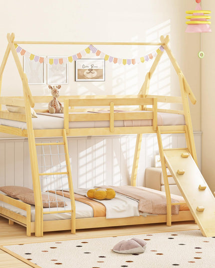 Giantex Twin Over Queen Bunk Bed, Wood House Bunk Bed for Kids with Climbing Nets and Ramp