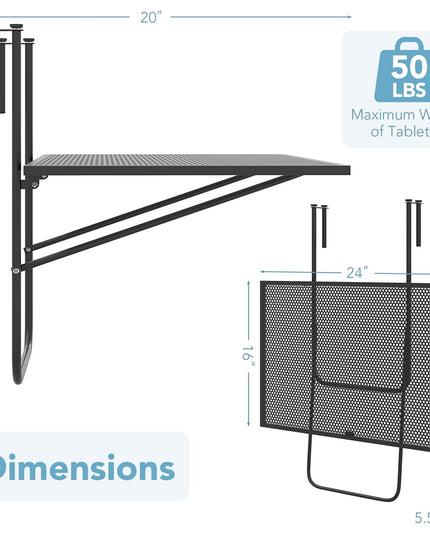 Giantex Balcony Table, Folding Outdoor Side Table for Railings Up to 2.4" Thick, Space-saving Railing Serving Table with Metal Frame