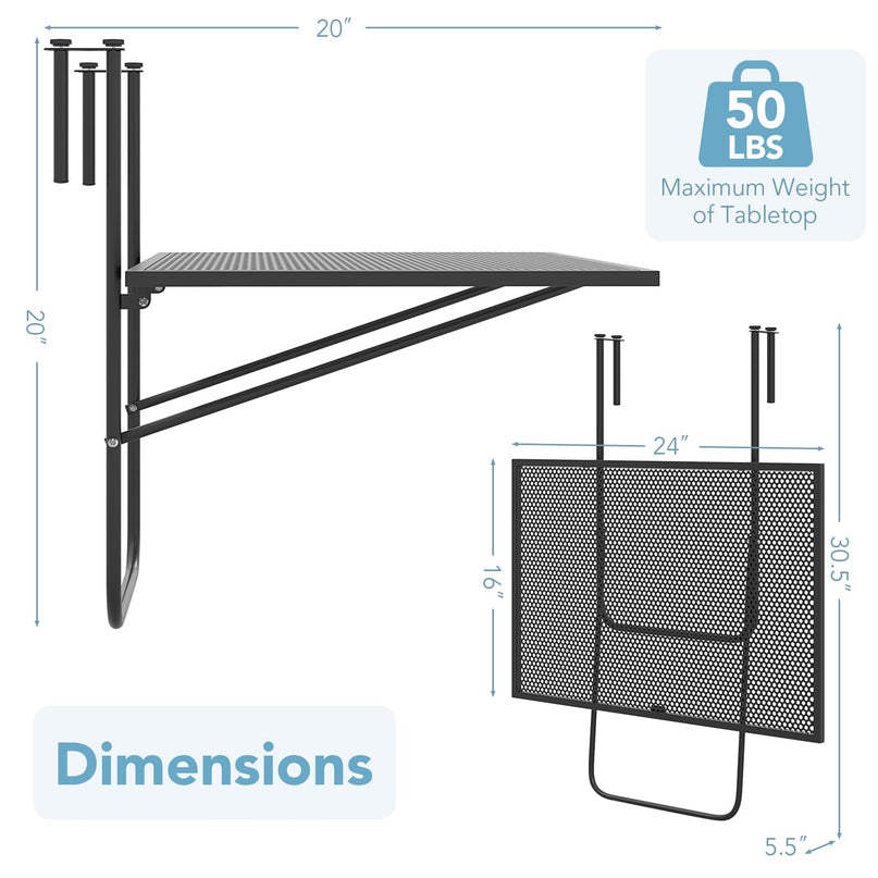 Giantex Balcony Table, Folding Outdoor Side Table for Railings Up to 2.4" Thick, Space-saving Railing Serving Table with Metal Frame