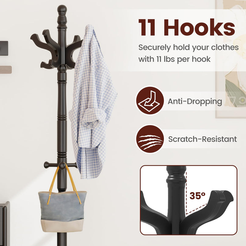 Giantex Solid Wood Coat Rack with 3 Adjustable Heights and 11 Hooks
