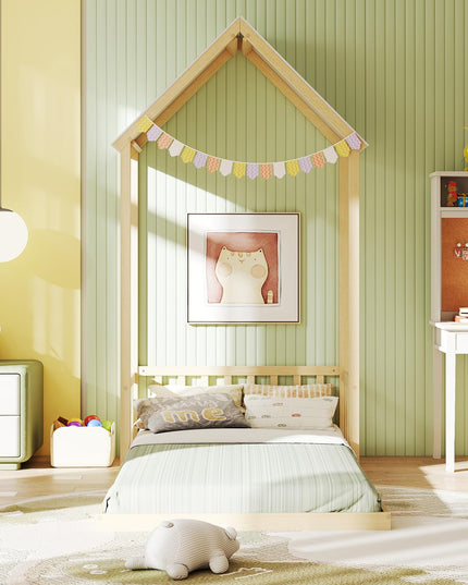 Giantex Twin Size House Bed with House Shape Roof & Semi-Fence