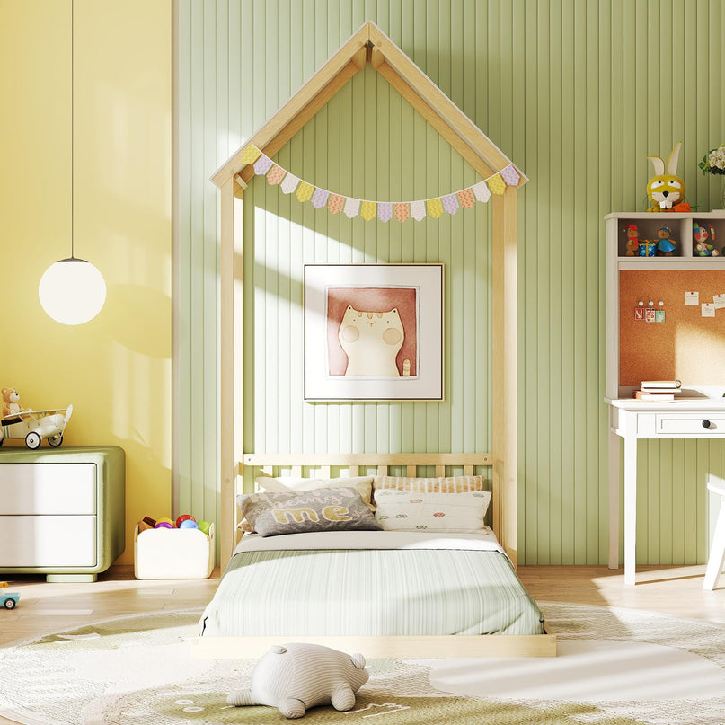 Giantex Twin Size House Bed with House Shape Roof & Semi-Fence