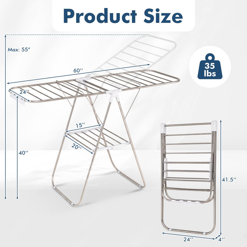 GIANTEX 60" L 2-Tier Stainless Foldable Clothes Drying Rack with Sock Clips