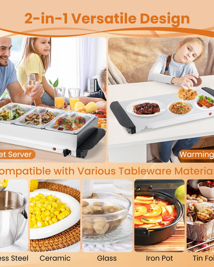 Giantex 3 Stainless Steel Pans with Lid | Electric Buffet Server & Warming Tray