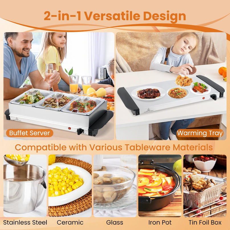 Giantex 3 Stainless Steel Pans with Lid | Electric Buffet Server & Warming Tray