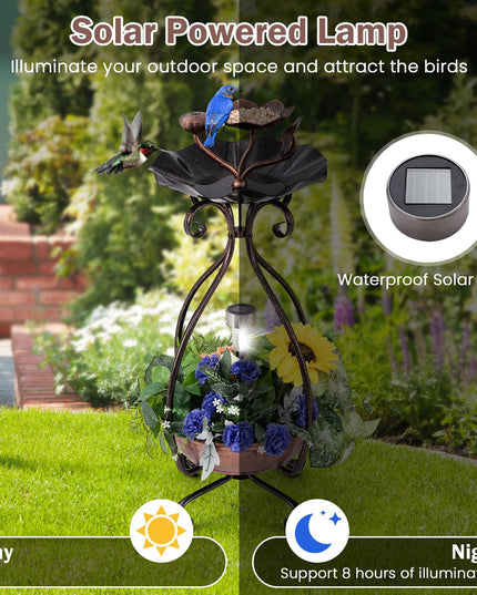Giantex Bird Bath with Planter - Solar Lighted Bird Bath for Outside with Bird Feeder