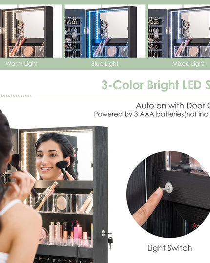 CHARMAID Wall/Door Mounted Jewelry Armoire with 3-Color LED Lights, 47.2"H Full Length Mirror