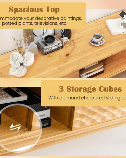 Giantex 63” Bamboo TV Stand, Entertainment Center with 3 Storage Cubes, Sliding Doors