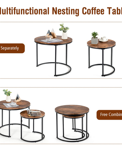 Nesting Coffee Table Set of 2, Round Stacking Side Tables w/Wooden Tabletop & Steel Frame