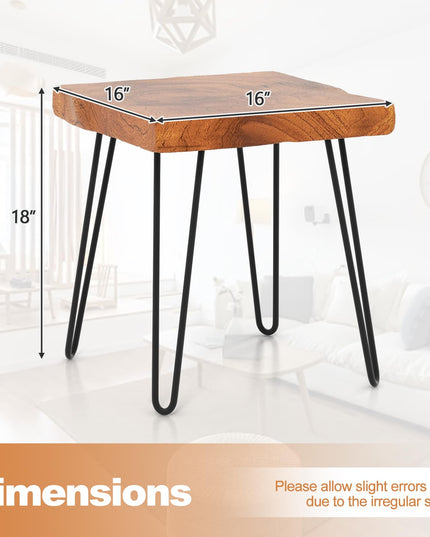 Giantex Teak Wood End Table, Solid Live Edge Outdoor Side Table w/Natural Grain & Heavy-Duty Metal Legs
