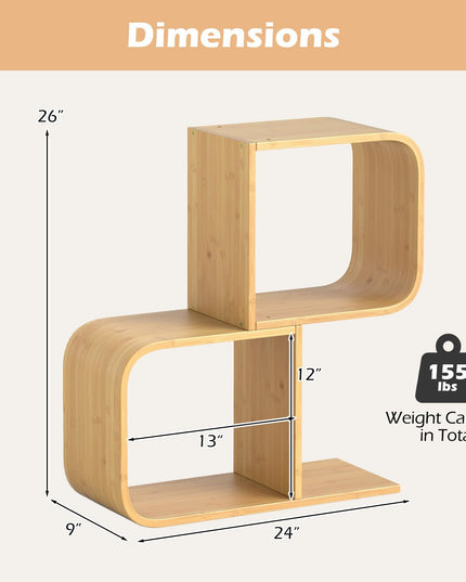 Giantex S-Shaped Bookcase, 2-Tier Bamboo Bookshelf with 2 Open Cubes, Geometric Corner Display Shelf