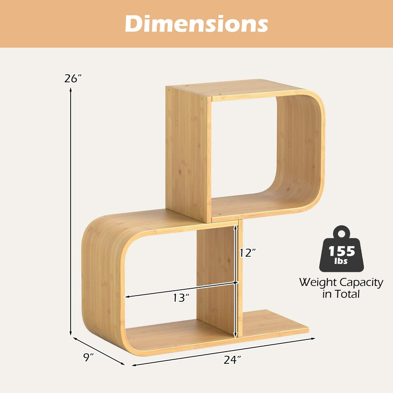 Giantex S-Shaped Bookcase, 2-Tier Bamboo Bookshelf with 2 Open Cubes, Geometric Corner Display Shelf