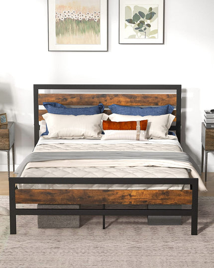 Giantex Queen Metal Platform Bed Frame with Wooden Headboard & Footboard, Rustic Brown