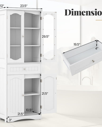 Giantex 63" Tall Bathroom Cabinet, Pantry Cabinet with Tempered Glass Doors, Adjustable Shelves & Large Drawer