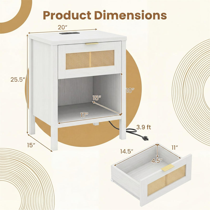 Giantex Rattan Night Stand with Charging Station