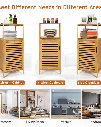Giantex Bathroom Floor Cabinet, Bamboo Storage Cabinet w/Single Door & Open Shelves