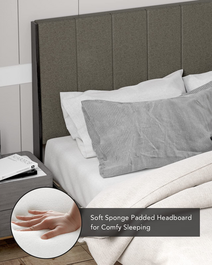 Wooden Slats Support Queen Mattress Foundation with Tufted Headboard, Grey