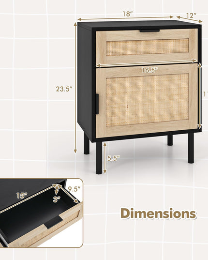Giantex Table de Chevet en Rotin (Lot de 2), Table d'Appoint Mid-Century Moderne avec Tiroir et Armoire, Table d'Extrémité de Canapé avec Pieds en Métal Robustes